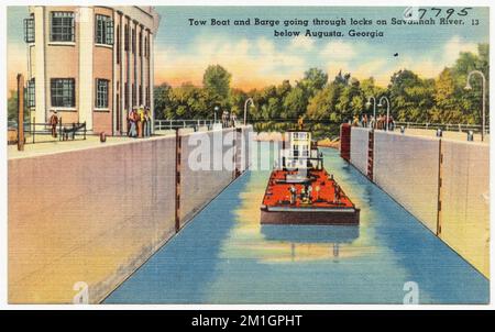 Bateau de remorquage et barge passant par des écluses sur Savannah River, au-dessous d'Augusta, Géorgie , rivières, bateaux, Tichnor Brothers Collection, cartes postales des États-Unis Banque D'Images
