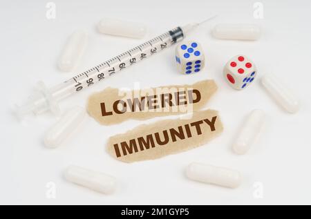 Concept médical. Sur une surface blanche se trouve une seringue, des pilules, des dés et des morceaux de papier avec l'inscription - IMMUNITÉ RÉDUITE Banque D'Images
