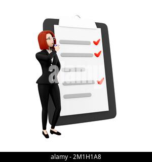 3d effectuer le rendu du questionnaire en ligne. 3d rendu femme avec liste des tâches. 3d poser une question commerciale sur fond blanc Banque D'Images