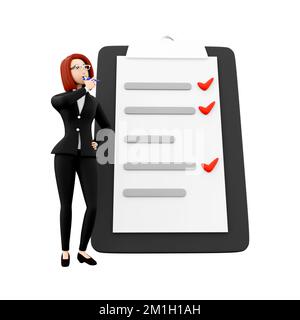 3d effectuer le rendu du questionnaire en ligne. 3d rendu femme avec liste des tâches. 3d poser une question commerciale sur fond blanc Banque D'Images