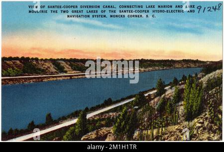 Vue sur le canal de dérivation Santee-Cooper, reliant le lac Marion et le lac Moltrie les deux grands lacs du système hydro-électrique et de navigation Santee-Cooper, Moncks Corner, S. C. , installations industrielles, Collection Tichnor Brothers, Cartes postales des États-Unis Banque D'Images