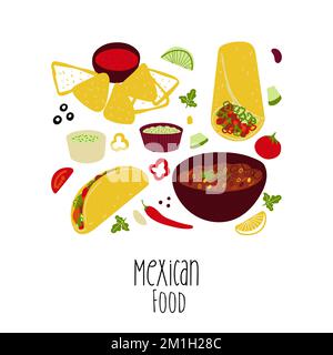 Illustration de la nourriture mexicaine Tacos, Burrito, Chili con Carne, Nachos, Guacamole isolé sur fond blanc Illustration de Vecteur