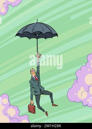 Un homme d'affaires avec une mallette vole sur un parapluie. Objectif et développement de l'entreprise. Mouvement vers un rêve Illustration de Vecteur