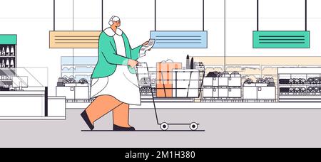 femme senior avec plein de produits chariot vérifier la liste d'achats dans le concept de grand âge de supermarché Illustration de Vecteur