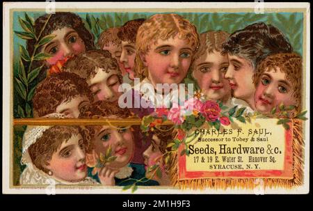 Charles F. Saul, successeur de Tobey & Saul Seeds, Hardware & c., 17 & 19 E. Water St., Hanover Sq., Syracuse, N. Y., Children, Magasins de matériel, 19th Century American Trade Cards Banque D'Images