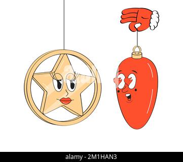 Boule de Noël mascotte, vecteur rétro étoile. Décoration de Noël avec étoile de boule de Noël. Holly Jolly cadeau. Illustration de Vecteur