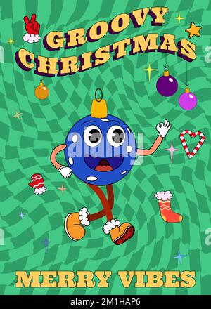 Affiche de Noël Groovy hippie. Boule de Noël dans un style de dessin animé rétro tendance Illustration de Vecteur