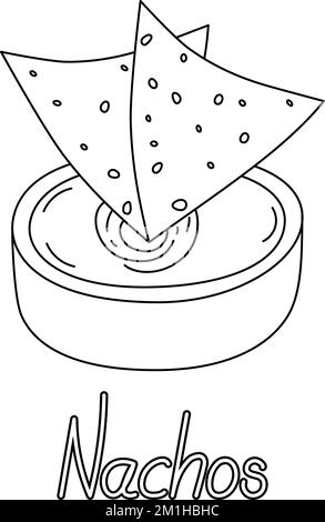 Image de l'image de maïs frites mexicaines Nachos et la sauce dans le bol avec les Nachos lettering à la main. Cuisine latino-américaine. Autocollant. Icône. Isoler. Bon pour le Web, l'affiche, le logo, le papier peint, le prix ou l'étiquette. EPS Illustration de Vecteur