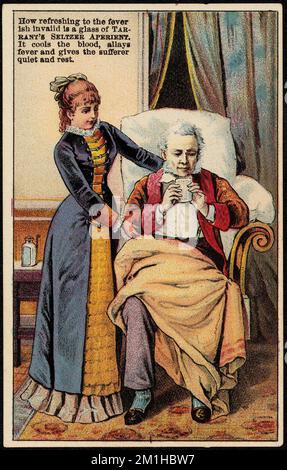 Comment rafraîchir à la fiévreuse invalide est un verre de l'apéritif Seltzer de Tarrant. Il refroidit le sang, apait la fièvre et donne à la victime le calme et le repos. , Femmes, personnes âgées, médicaments brevetés, cartes professionnelles américaines du siècle 19th Banque D'Images