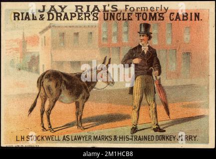 Jay Rial's anciennement Rial & Draper's Uncle Tom's Cabin. L. H. Stockwell ainsi que l'avocat Marks et son singe formé, Jerry. , Hommes, ânes, acteurs, productions théâtrales, Cartes professionnelles américaines du siècle 19th Banque D'Images