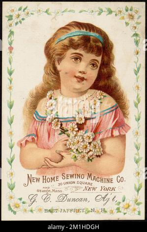 New Home Sewing machine Co. 30 Union Square, New York et Orange Mass. , Filles, fleurs, machines à coudre, cartes professionnelles américaines Century 19th Banque D'Images