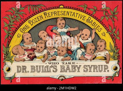 Une douzaine de bébés représentatifs qui prennent le sirop pour bébés du Dr Bull. , Nourrissons, médicaments brevetés, cartes professionnelles américaines du siècle 19th Banque D'Images