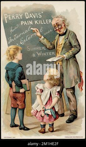 Analgésique Perry Davis pour usage interne et externe. Été et hiver , personnes âgées, enfants, médicaments brevetés, 19th Century American Trade Cards Banque D'Images