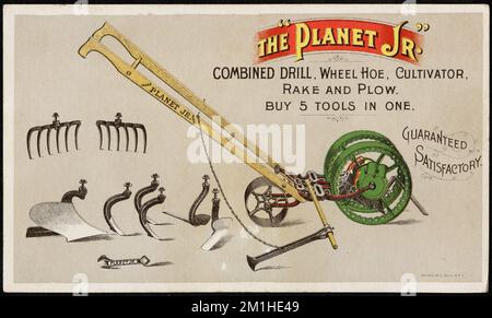 Le semoir combiné « Planet Jr. », la pelle sur pneus, le cultivateur, le râteau et la charrue. Achetez 5 outils en un. , Machines et outils agricoles, cartes professionnelles américaines Century 19th Banque D'Images