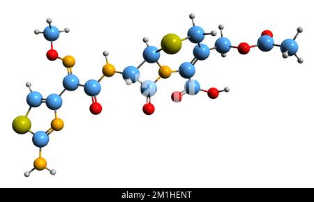 3D image de la formule squelettique de céfotaxime - structure chimique moléculaire de l'antibiotique de céphalosporine isolé sur fond blanc Banque D'Images