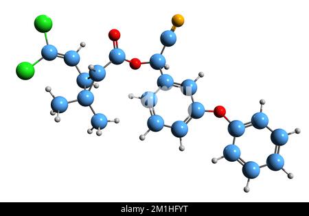 3D image de la formule squelettique de la cyperméthrine - structure chimique moléculaire du pyréthroïde synthétique isolé sur fond blanc Banque D'Images