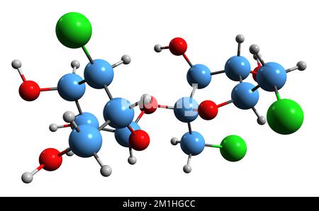 3D image de la formule squelettique Sucralose - structure chimique moléculaire de l'édulcorant artificiel isolé sur fond blanc Banque D'Images