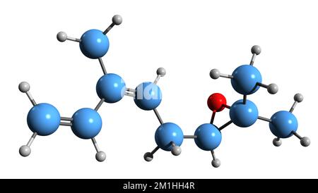 3D image de la formule squelettique de l'époxyde d'ocimène - structure chimique moléculaire du Myroxyde isolé sur fond blanc Banque D'Images