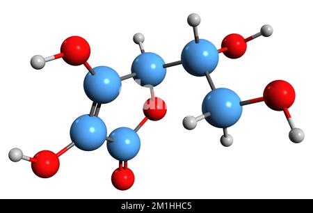 3D image de la formule squelettique de l'acide érythorbique - structure chimique moléculaire de l'acide isoascorbique isolé sur fond blanc Banque D'Images