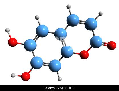 3D image de la formule squelettique d'Aesculétine - structure chimique moléculaire de la cichorigénine isolée sur fond blanc Banque D'Images