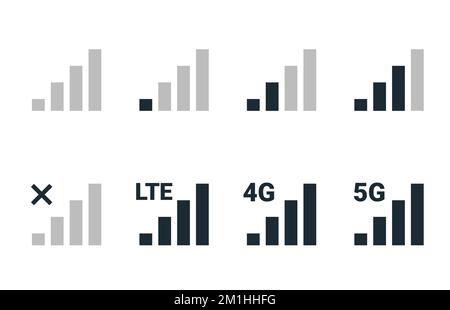 Intensité du signal 4G icône de la barre de réception du téléphone mobile. 5g niveau de puissance du signal niveau lte de la barre d'état du smartphone. Illustration de Vecteur