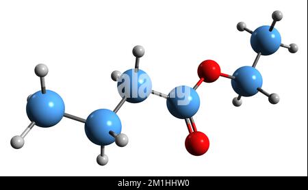 3D image de la formule squelettique d'éthyl butyrate - structure chimique moléculaire de l'ester éthylique de l'acide butanoïque isolé sur fond blanc Banque D'Images