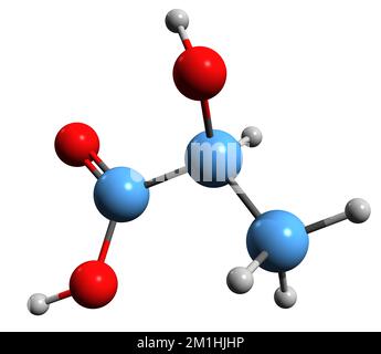 3D image de la formule squelettique de l'acide lactique - structure chimique moléculaire de l'acide organique du lait isolé sur fond blanc Banque D'Images