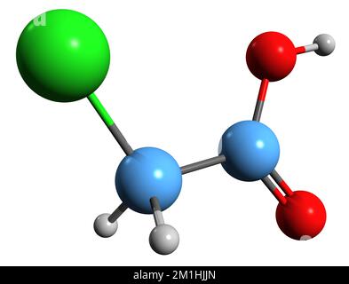 3D image de la formule squelettique de l'acide chloroacétique - structure chimique moléculaire de l'acide chloroéthanoïque isolé sur fond blanc Banque D'Images