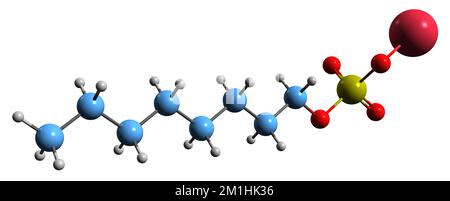 3D image de la formule squelettique du sulfate d'octyl de sodium - structure chimique moléculaire du sulfate de soufre de sodium isolé sur fond blanc Banque D'Images