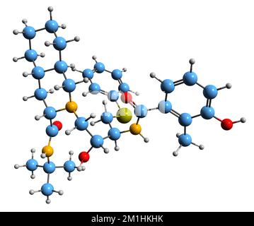 3D image de la formule squelettique de Nelfinavir - structure chimique moléculaire de l'agent antiviral isolé sur fond blanc Banque D'Images