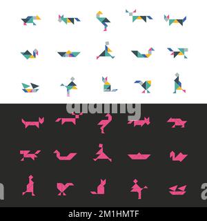 Ensemble de carrés de puzzle Tangram. Illustration de modèle géométrique de triangle vectoriel de tangram chinois traditionnel Illustration de Vecteur