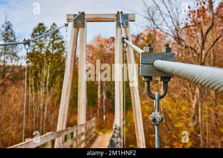 Détail des grands câbles de support épais maintenant le pont de suspension par forêt d'automne Banque D'Images