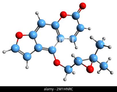 3D image de la formule squelettique de l'oxyneucedanine - structure chimique moléculaire de la coumarine isolée sur fond blanc Banque D'Images