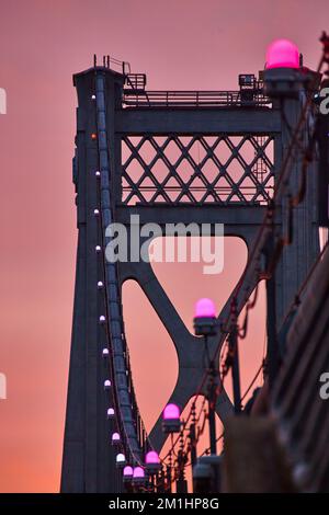 Lumières roses en détail sur les fils de soutien de pont américain avec lumière dorée derrière Banque D'Images