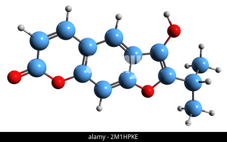 3D image de la formule squelettique d'Oreoselone - structure chimique moléculaire de la coumarine isolée sur fond blanc Banque D'Images