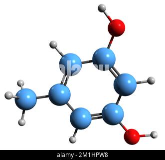 3D image de la formule squelettique de l'orcinol - structure chimique moléculaire du 5-méthylrésorcinol isolé sur fond blanc Banque D'Images