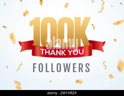 Merci 100000 abonnés modèle de conception de numéro de réseau social anniversaire. Social 100k utilisateurs nombre d'or amis mille célébration Illustration de Vecteur