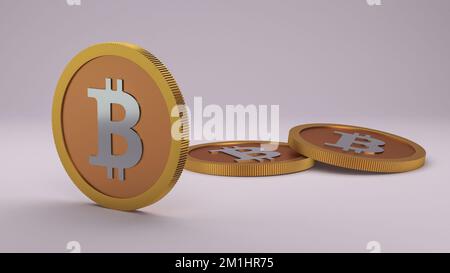 Pièce d'or Bitcoin et pile de pièces isolées sur fond blanc 3D illustration, affaires, finance, paiement et concept virtuel de crypto-monnaie. Banque D'Images
