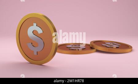 DOLLAR AMÉRICAIN pièce d'or et pile de pièces isolées sur fond rose 3D illustration, business, finance, paiement et économie concept. Banque D'Images