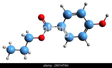 3D image de la formule du squelette de Propylparaben - structure chimique moléculaire du 4-Hydroxybenzoesaurepropylster isolé sur fond blanc Banque D'Images