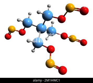 3D image de la formule squelettique pentaérythritol tétranitrate - structure chimique moléculaire de la substance explosive penthrite isolée sur fond blanc Banque D'Images