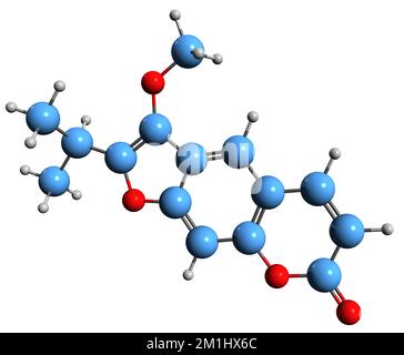 3D image de la formule squelettique de la Peucedanine - structure chimique moléculaire de la furanocoumarine isolée sur fond blanc Banque D'Images