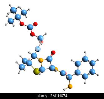 3D image de la formule squelettique de Pirampicilline - structure chimique moléculaire de la prodrogue isolée sur fond blanc Banque D'Images