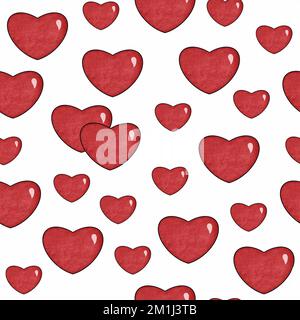 Motif coeurs sans coutures. Coeurs rouges texturés dessinés à la main sur fond blanc. Décor romantique et doux. Imprimé de décoration de mariage Banque D'Images