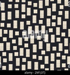Rectangles et carrés blancs géométriques sur fond noir. Motif sans couture avec formes géométriques à texture grunge. Motif moderne et simple. Banque D'Images