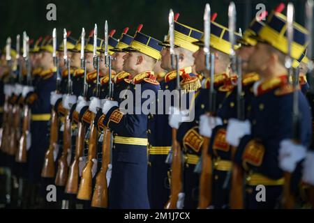 Bucarest, Roumanie - 12 décembre 2022 : garde d'honneur militaire lors de l'accueil du Président suisse Ignazio Cassis par le Président roumain Kl Banque D'Images