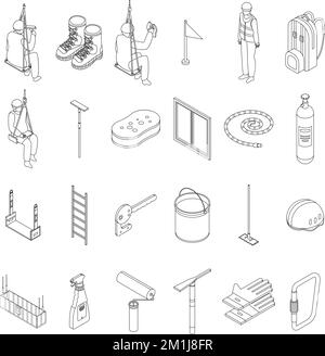 Jeu d'icônes grimpeurs industriels. Ensemble isométrique d'icônes de vecteur d'alpiniste industriel sur la collection de lignes fines blanches Illustration de Vecteur