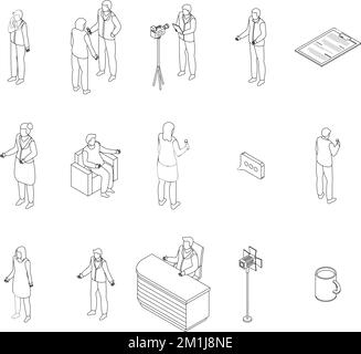 Ensemble d'icônes de présentateur TV. Ensemble isométrique d'icônes vectorielles de présentateur de téléviseur avec contour sur une collection de lignes fines blanches Illustration de Vecteur