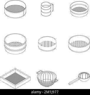 Jeu d'icônes de grille. Ensemble isométrique d'icônes de vecteur de tamis sur une collection de lignes fines blanches Illustration de Vecteur