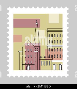 Paysage urbain avec architecture et bâtiments postmark Illustration de Vecteur